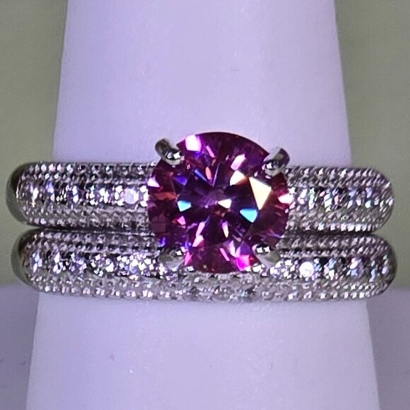 Pink 2 ct Moissanite Silver with CZ Accents and Channel-Set Band Size 9 - Picture 2 of 14